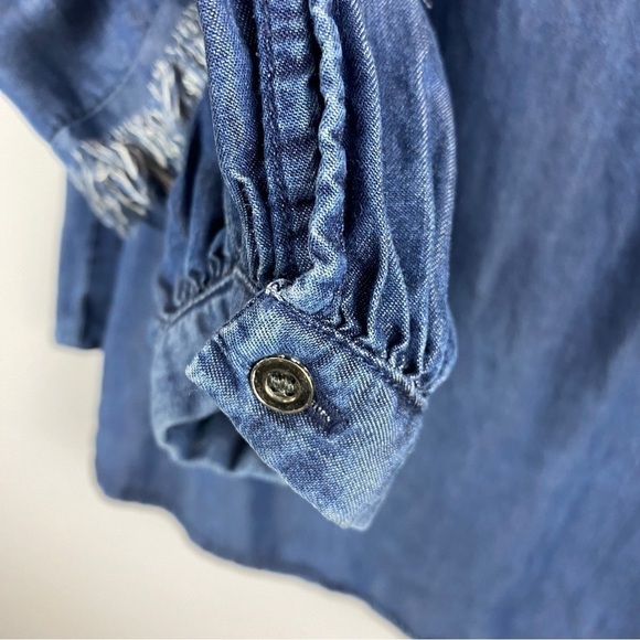 JANE & Delancey Chambray Lyocell Boho Tiered Fringe Sleeves Top Medium - Picture 9 of 10